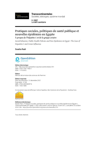 517 Radi 2007 Pratiq sociales politiq  épidémies Egypte propos hépatite C