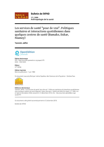 492 Jaffré 1999 Les services  santé pour de vrai Bamako  Dakar  Niamey