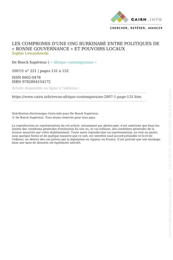353 Lewandowski 2007 Les compromis ONG burkinabè bonne gouvernanc