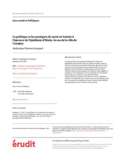 523 Somparé 2017 La politiq  pratiq de santé  Guinée  d’Ebola  Conakry