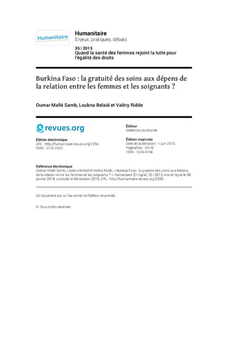 522 Samb  Belaid  Ridde 2013 Burkina gratuité des soins relation femmes  soignants